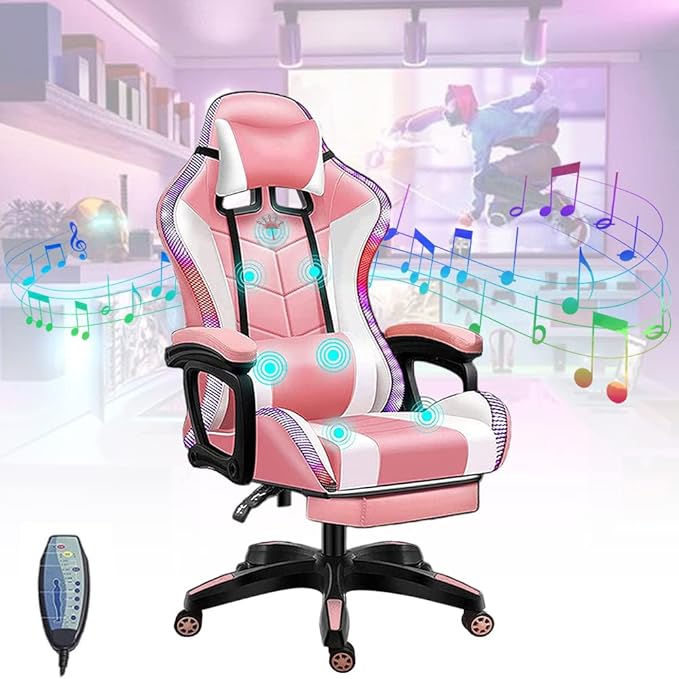 Gaming Chair for Adults &amp Teens High Back Gamer Chair Ergonomic Massage Racing Chair with Lumbar Support and Headrest Computer Desk Chair with Speakers and LED LightsPink