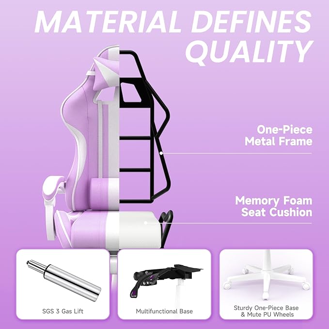 Ferghana Kawaii Light Purple Gaming Chair with Bunny Ears Ergonomic Cute Gamer Chair with Footrest and Massage Racing Reclining Leather Computer Game Chair for Girls Adults Teens Kids