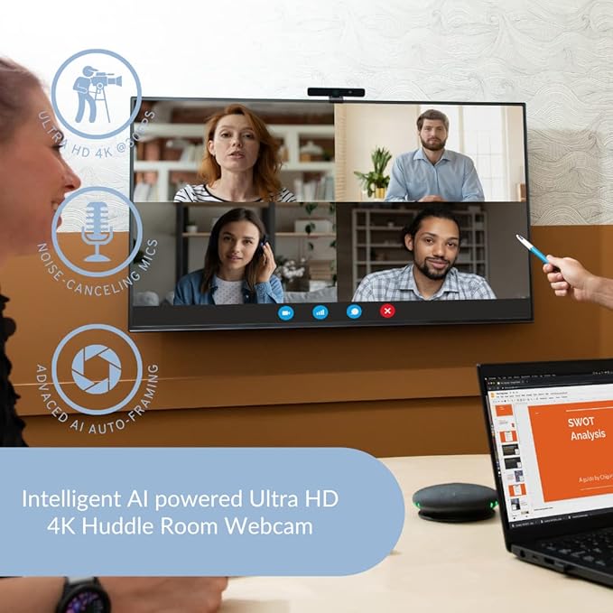 Boom Mezzo 4K AI Auto-Framing Conference Camera 115° Ultra Wide ePTZ Video Bar with Dual Mics USB 3.0 Plug-and-Play Zoom Certified Huddle Room Webcam for Teams/Meet/Zoom