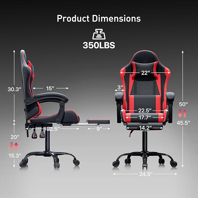 MoNiBloom Gaming Chair with Footrest High Back Video Game Chair with Headrest &amp Lumbar Support Height Adjustable Leather Swivel Computer Chair for Adult Teen Office or Gaming Red