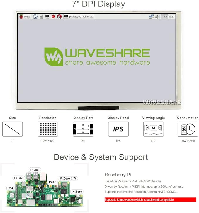 waveshare 7inch Display Compatible with Raspberry Pi 5/4B/3B/Zero/Zero W/Zero 2W/Pico/Pico W/Pico WH 1024×600 Resolution DPI Interface IPS No Touch