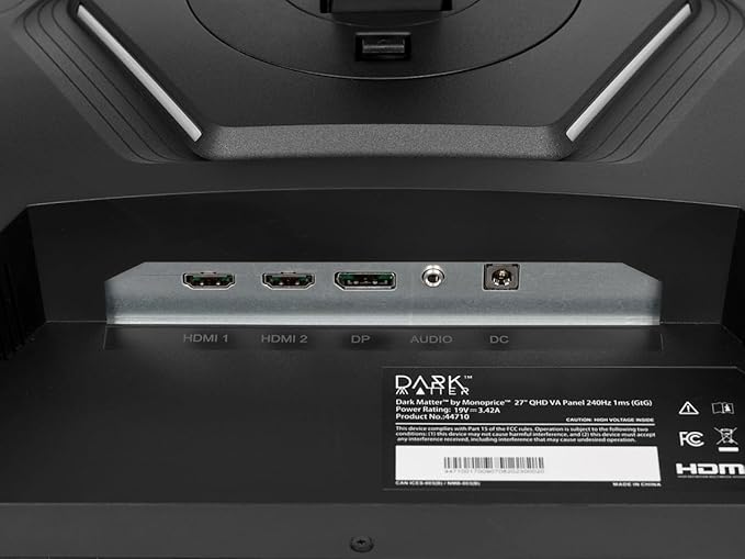 Dark Matter by Monoprice 27 QHD Gaming Monitor 2560x1440P Resolution VA Panel 240Hz Refresh Rate 1ms (GtG) Response Time HDR400 FreeSync and G‑SYNC Compatible
