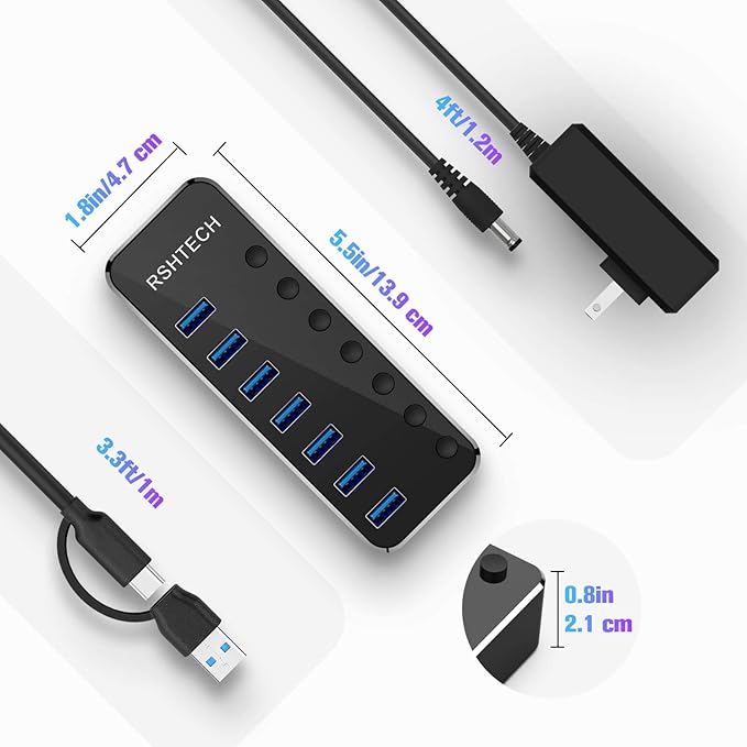 Powered UBS Hub RSHTECH 7 Port USB 3.0/USB C Hub Upgraded Version Aluminum USB Splitter with 2-in-1 USB Cable5V 3A Power Adapter and Individual Switches USB Port Expander for Laptop/PC RSH-ST07