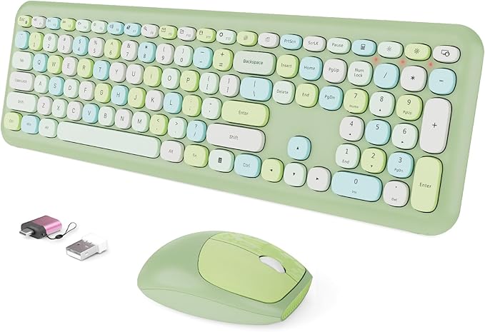 Wireless Keyboard and Mouse Combo Colorful Ergonomic Full Size Retro Low-Noise Keyboard with Cute keycaps Compatible with Windows PC Perfer for Home and Office Keyboards (Green)