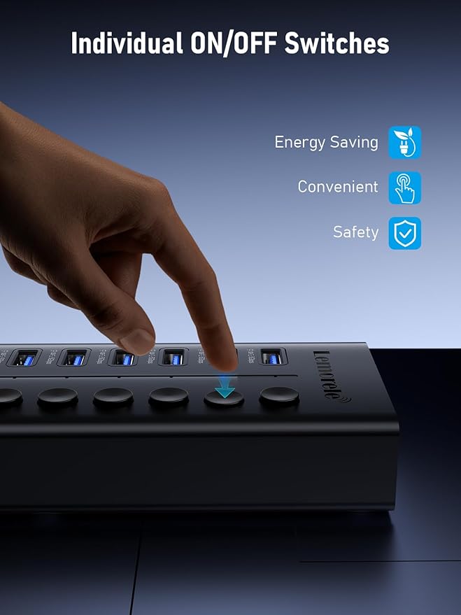 Lemorele 10-Port 24W USB3.0 Powered USB Hub with Individual LED On/Off Switches USB Splitter Support 5Gbps Data Transfer &amp 5V 0.9A Charge for Phone Power Bank TWS etc.