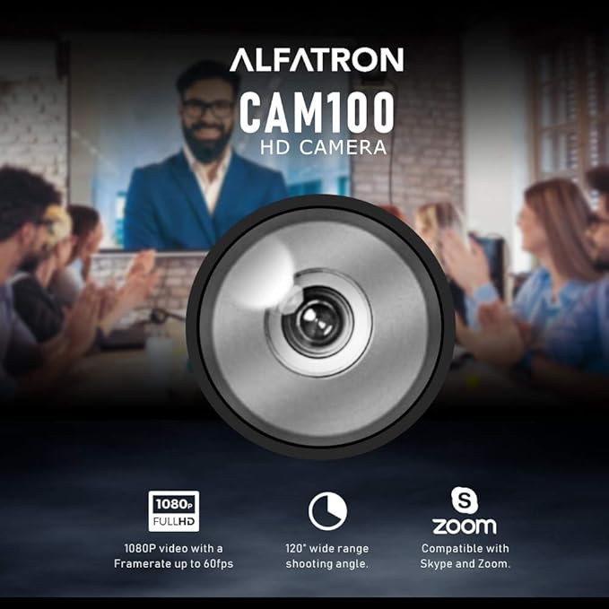Alfatron ALF CAM100 HD Web Camera with 1080p 120-Degree Wide Range Shooting Angle Zoom Compatibility Easy Plug in Adjustable Lens and More for Perfect Video Conferencing