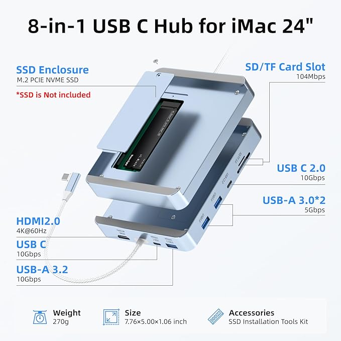 USB C Hub for iMac 24 inch 2021/2023/2024 8 in 1 iMac USB Hub with M.2 SSD Expansion (SSD Not Included)with USB A/C 3.2 10Gbps SD/TF HDMI iMacM1 M3 M4 Dock Accessories