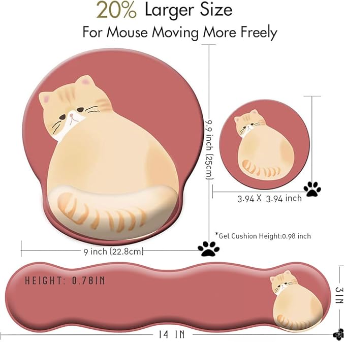 3-in-1 Cute Mouse Pad and Keyboard Wrist Rest Support [ 20% Larger] Anime Kawaii Gel Wrist Rest with Non-Slip PU Base Ergonomic Mouse Pad with CoasterPain ReliefGame Work Study Home Office-Cat