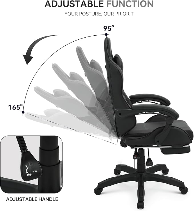 Gaming Chair Ergonomic Computer Chairs with Arms Lumbar Support Footrest Headrest 360°Swivel Chair Adjustable Back and Height Leather PC Chairs for Gaming Study Office Black