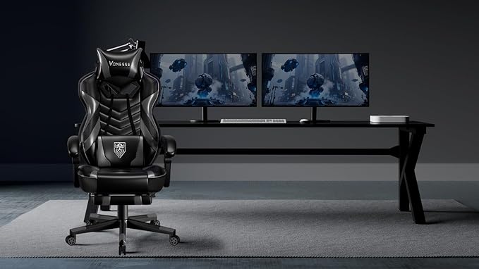 Vonesse Gaming Chair Big and Tall Gaming Chair with Footrest and Massage Gaming Chairs for Adults with Lumbar Support Ergonomic High Back Computer Chair with Pocket Spring Cushion (Grey/Black)