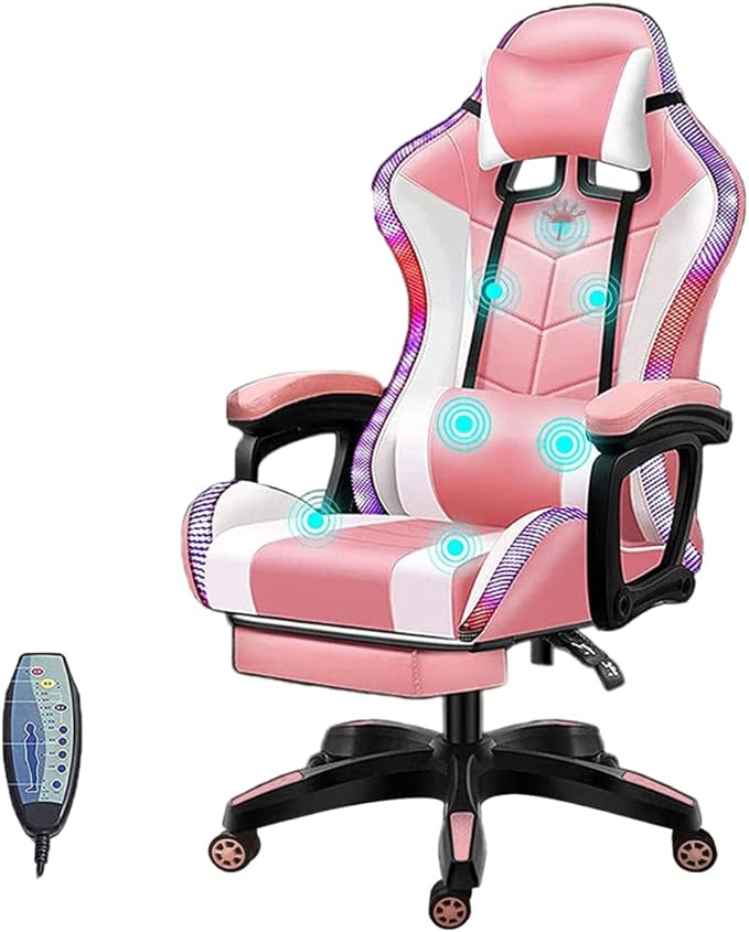 RGB Gaming Chair for Adults with Footrest and Massage Lumbar Pillow Swivel Height Adjustable Racing Reclining PU Leather LED Video Game Chair with Speakers E-Sports Gaming Chair