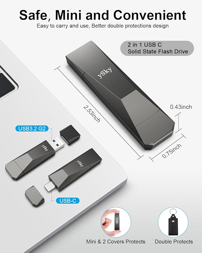 ySky 256GB USB 3.2 Solid State Flash Drive 1000MB/s High Speed USB C+ USB 3.2 Gen2 Dual Interfaces Thumb Drive USB C Memory Photo Stick for iPhone15/15 Plus/15 Pro/15 Pro Max/USB-C PhoneLaptopMac