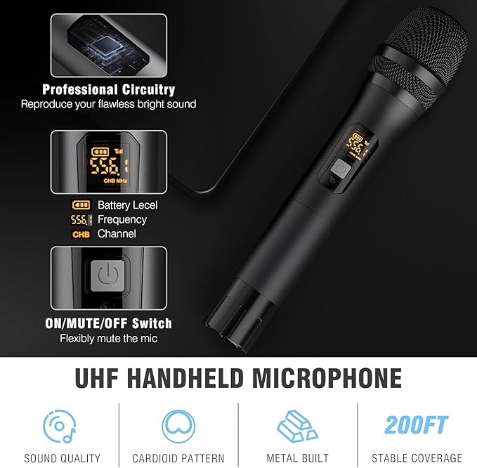 Wireless Microphones Dual UHF Wireless Microphone System with Professional Metal Handheld Dynamic Mics 200ft Range for Karaoke Singing DJ Church Wedding &amp Party Home KTV Set