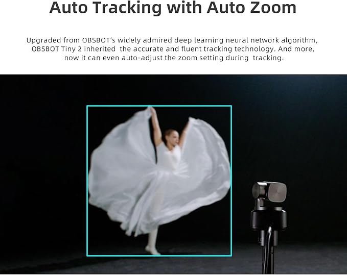 OBSBOT Tiny 2 AI-Powered PTZ 4K Webcam 1/1.5 CMOS 4X Faster Focusing USB 3.0 10x Faster Data Transmission Voice Control W Cleaning Cloth