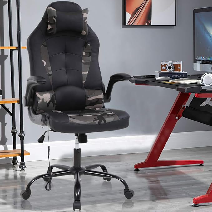 Massage Gaming Chair Ergonomic Office Chair High Back Desk Chair PU Leather Executive Chair with Lumbar Support Headrest Armrest PC Racing Computer Chair Task Rolling Swivel Chair Camo