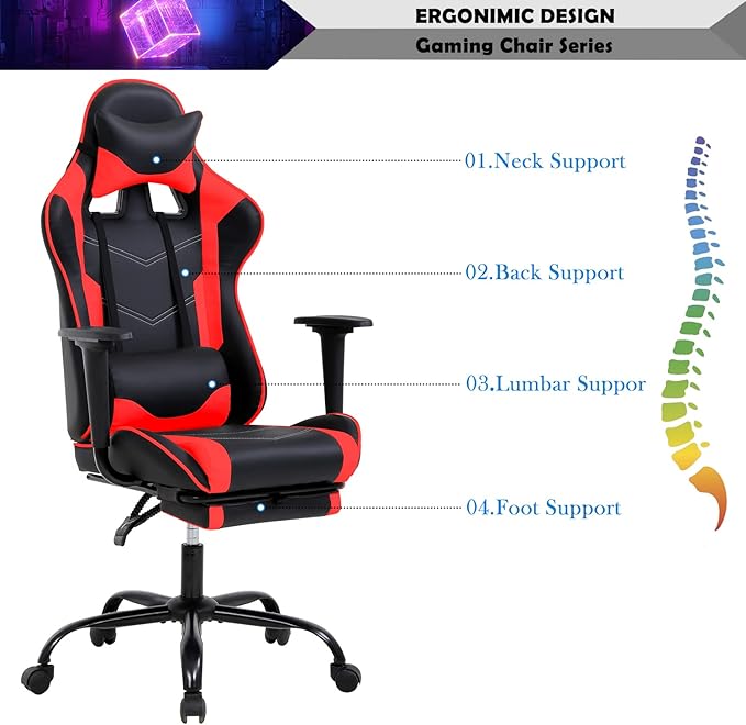 Gaming Chair Racing Style Office Computer Game Chair Ergonomic Desk Chair with Headrest Lumbar SupportHigh Back Gamer Office Chair Massage Recliner Video Game Chairs for Kids or AdultsRed