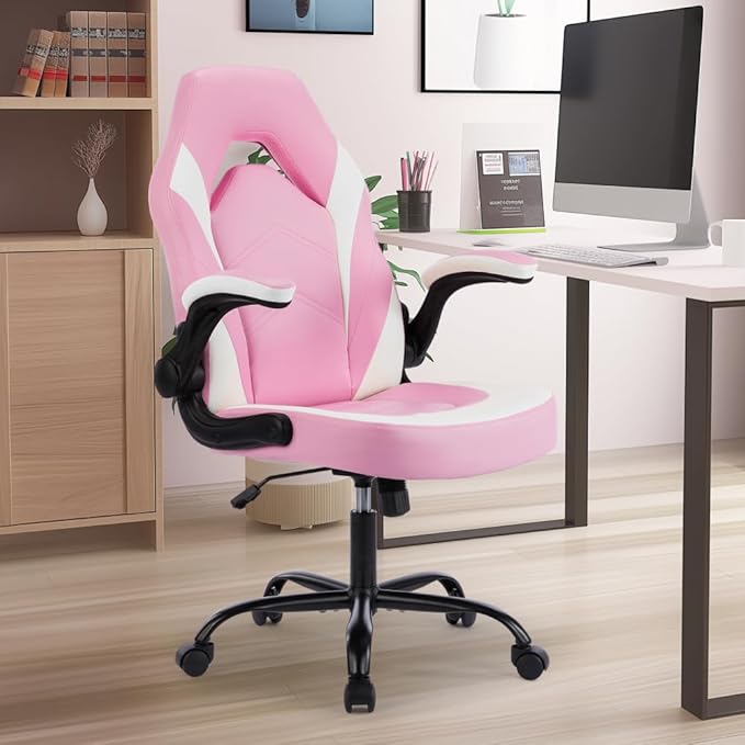 Gaming Chair PU Leather Computer Chair Ergonomic Office Chair with Lumbar Support Height Adjustable Rolling Desk Chairs with Flip-up Armrests (Pink+White)