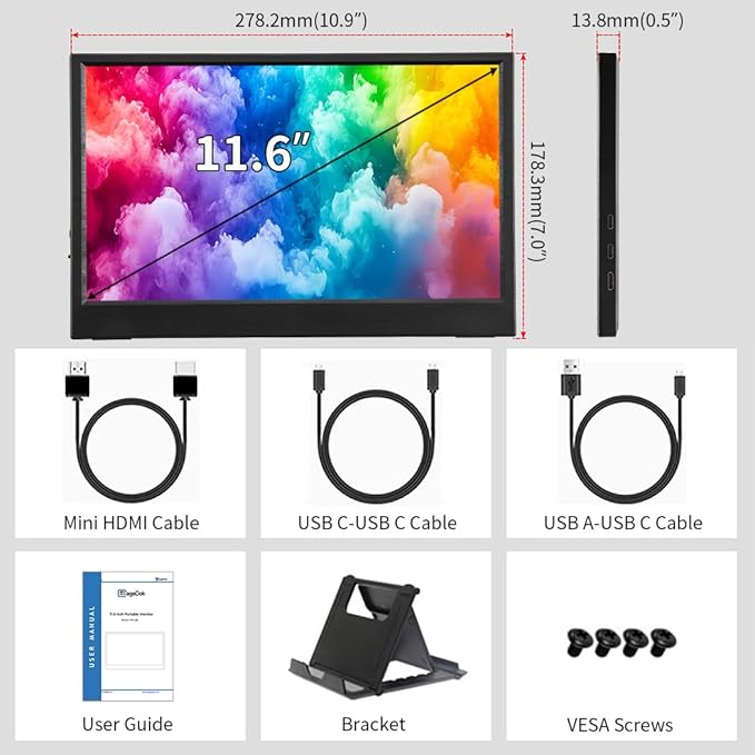 Portable Monitor IPS Small HDMI Display Dual USB-C Low Power External Screen for Laptop PC Mac Switch Rasp Pi Xbox (11.6 IPS HD)