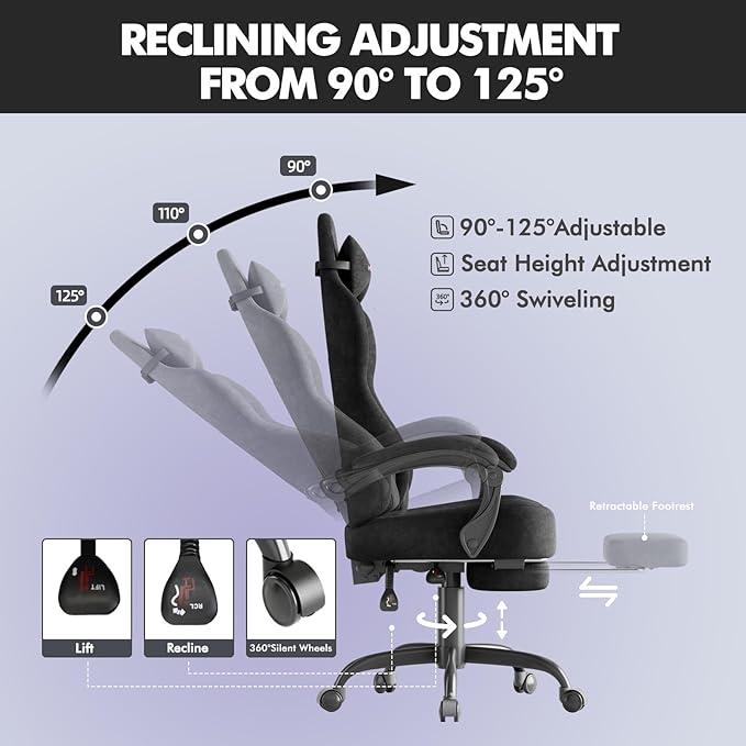 Soontrans Black Velvet Fabric Gaming Chairs with Footrest Ergonomic Comfortable Video Gamer Chair Reclining Office Computer Desk Game Chairs with Massage Lumbar CushionHeadrest for Adult