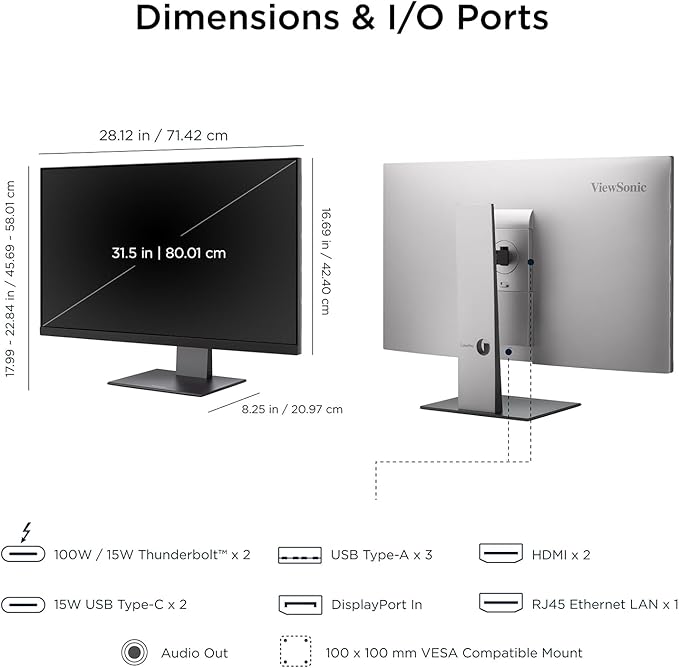 ViewSonic VP3276T-4K 32 Inch 4K UHD IPS Docking Monitor with Thunderbolt 4 Advanced Ergonomics 100% sRGB Rec 709 Pantone Validated USB C HDMI and DisplayPort Inputs for Home and Office