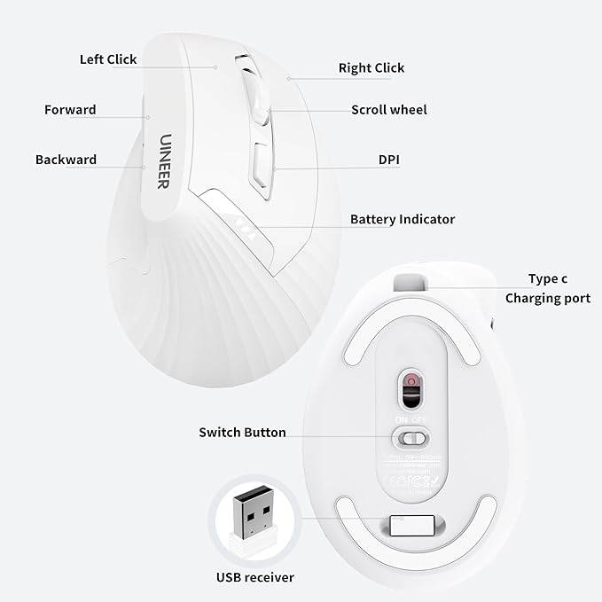 Uineer Vertical Mouse Wireless 2.4G Rechargeable Mouse with Battery Indicator4 Level DPIErgonomic Design for Comfort and Reduced Wrist Strain Ideal for HomeOffice Use (White)