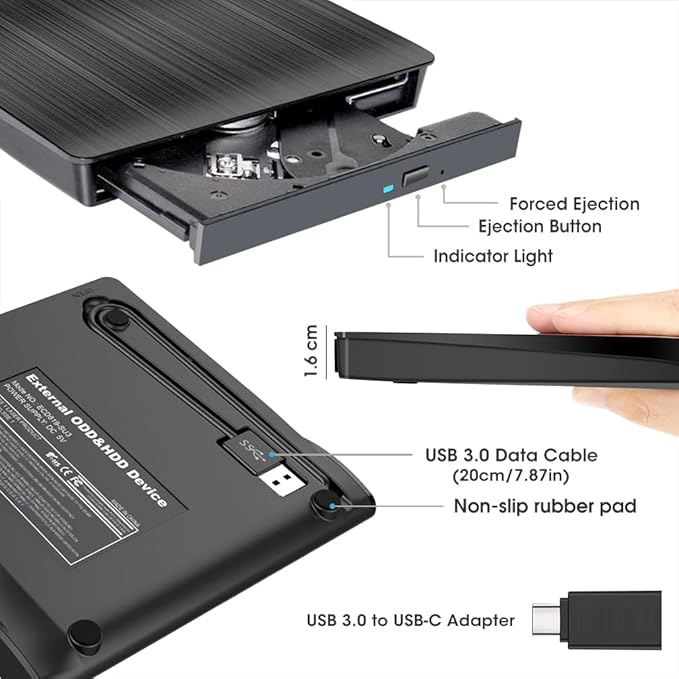 ROOFULL External CD DVD Drive for Laptop USB 3.0 Portable CD/DVD-ROM +/-RW Optical Disk Player Reader Writer Burner with Protective Carrying Case for Laptop PC Mac Windows 11/10/8/7 Linux Computer