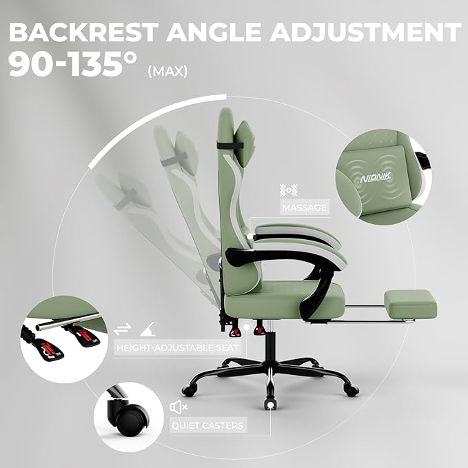 Gaming Chair with MassageErgonomic PC Gaming Chair Computer Chairs with Footrest Comfortable Headrest and Lumbar Support High Back GREENWHITE
