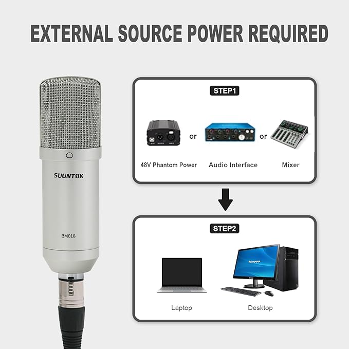 XLR Condenser Microphone Recording Microphone for PC Computer Home Studio Cardioid Podcast Mic Kit for Streaming ASMR YouTube Voice-Over Gaming Vocal (Silver)