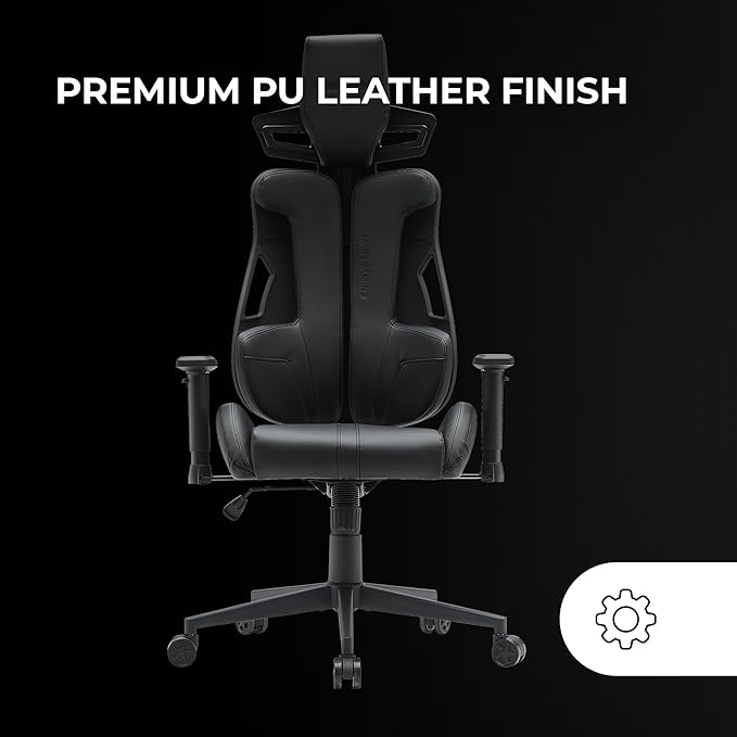 Mars Gaming MGC-Elite Ergonomic Gaming Chair Flexible Adjustable Backrest 2D Adjustable Armrests Tilting Seat PU Leather Finish Office Chair XL Wheels Class 4 Gas Lift Black