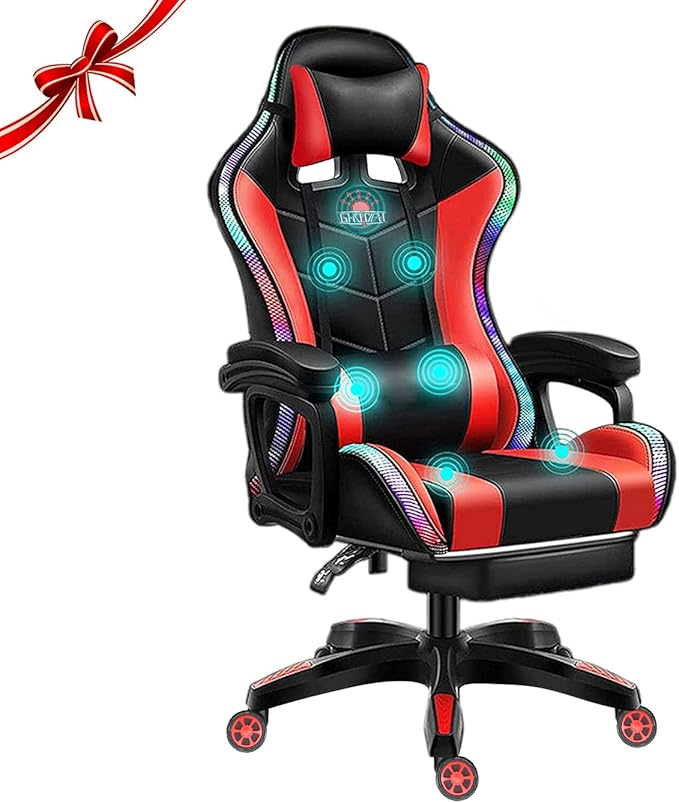 Gaming Chair with RGB LED Lights Ergonomic Massage Computer Gaming Chair with Footrest and Bluetooth Speakers High Back Video Game Chair with Swivel Seat Headrest and Lumbar SupportRed