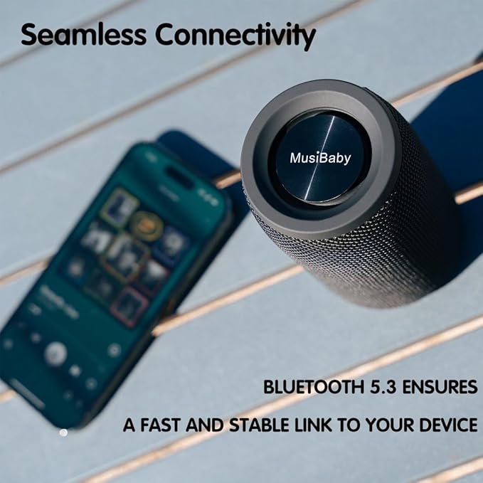 MusiBaby M68 Portable Bluetooth Speaker – Wireless Waterproof Sound for Home and Outdoor Use – Deep Bass Dual Pairing 24H Playtime Compact Design (Black)