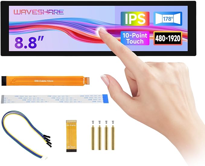 waveshare 8.8inch DSI Capacitive Touch Display Compatible with Raspberry Pi 5/4B/3B/CM3/3+/4 480 × 1920 IPS Optical Bonding Toughened Glass Panel DSI Interface 10-Point Touch