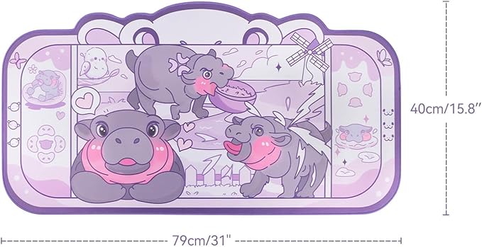 BelugaDesign Baby Hippo Desk Mat | Kawaii Cute Anime Pygmy Zoo Animal | Cartoon Keyboard PC Laptop Pastel Large Gaming Setup Accessories Mouse Pad | Machine Washable Blotter Protector Purple Gray