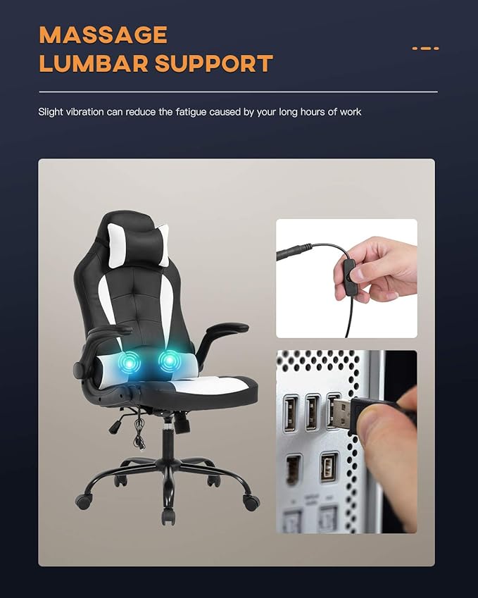 Vnewone Computer Gaming Chair Office PC Ergonomic Executive Desk Racing Rolling Swivel Task PU Leather with Lumbar Support Headrest Adjustable Armrest Massager White