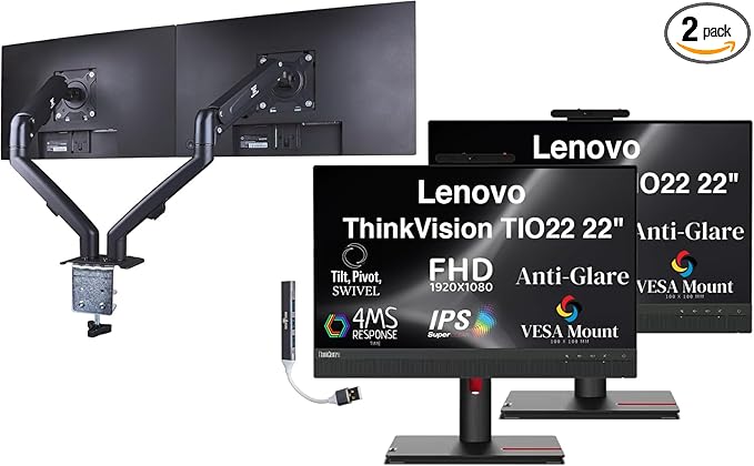 Lenovo ThinkVision TIO22 22 FHD IPS Monitor with 4ms Response Time Anti-Glare VESA Mount (100 x 100mm) Displayport HDMI Black Color (12N8GAR1UZ) 2 Pack w/DKZ Hub &amp ErgoFlexy Dual Mount Arm