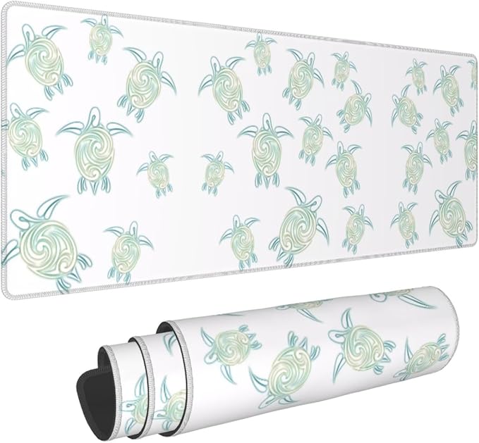 Sea Turtles Pattern White Green Nautical Large Mouse Pad 31.5x12 Inch Gaming Desk Mat XXL Non-Slip Rubber Base Computer Pad with Durable Stitched Edges for Work and Play