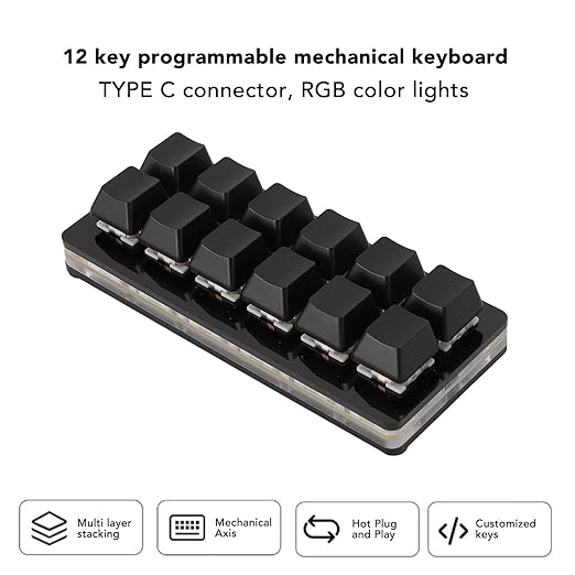 One Handed Macro Mechanical Keyboard 12 Keys Hot Swappable RGB Gaming Keypad Programmable Mini Red Switch Keyboard for OS X for for Pi (Black)