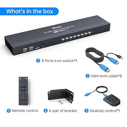 KVM Switch HDMI 8 Port 4K@30Hz USB HDMI Rack KVM Console 8 in 1 Out w/9pack Cables 4 USB 2.0 Hubs Desktop Selector IR Remote &amp Ears