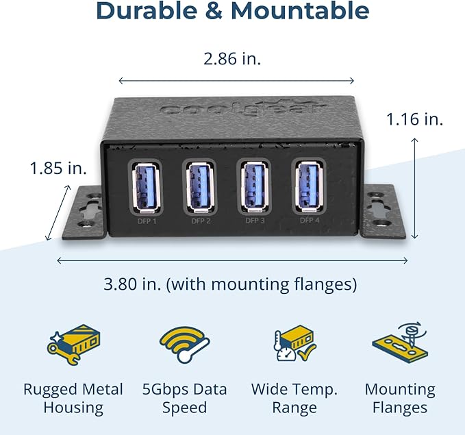 Coolgear 3.2 Gen 1 USB Hub - 4 Port USB Hub with 5Gbps Data Transfers Mountable Metal Housing 5V Power Adapter ESD Surge Protection Bus or Self Powered