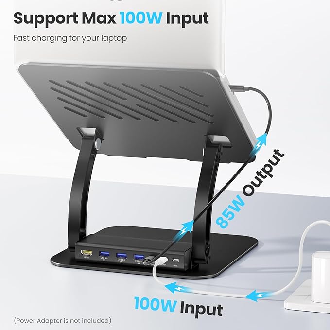 tounee Laptop Stand with Detachable USB-C Hub 100W PD Charging 4K@60Hz HDMI 3 USB Ports Ergonomic Laptop Holder Docking Station for 10-17 Laptops MacBook &amp More (Black)