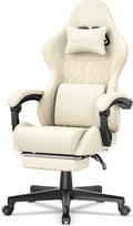 Ferghana Vintage PU Leather Gaming Chair Ergonomic Gamer Chair with Massage High Back Computer Office Chair with Footrest for Adults Racing Style Reclining Video Game Chair (Beige)