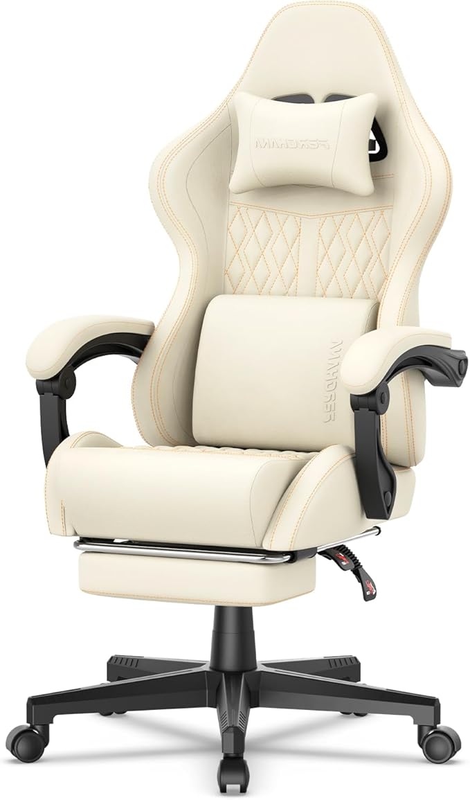 Ferghana Vintage PU Leather Gaming Chair Ergonomic Gamer Chair with Massage High Back Computer Office Chair with Footrest for Adults Racing Style Reclining Video Game Chair (Beige)
