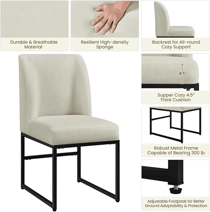 Adjustable Office Computer Chair with Armrest 1pcs Modern Style Beige Upholstered Fabric Comfortable Indoor Dining Chairs Black Leg Color