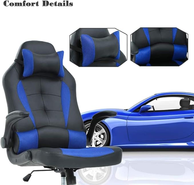 PC Gaming Chair Racing Style Office Chair w/Flip Up Arms Lumbar Support Pillow Video Game Chair Height Adjustable Rolling Swivel Computer Chair Ergonomic PU Leather Chair for Men Women Teens (Blue)
