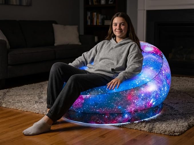 Air Candy Galaxy LED Illuminated Inflatable Chair – Light-Up Gaming Lounge Seat with Multicolor LEDs Waterproof PVC Portable Indoor Outdoor Seating