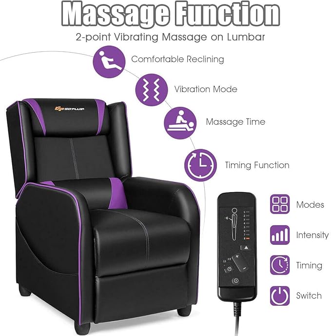 LDAILY Massage Recliner Chair Racing Style Gaming Chair w/Massage Lumbar Cushion Footrest &amp Headrest Ergonomic PU Leather Single Recliner Sofa for Living Room Home Office (Purple)