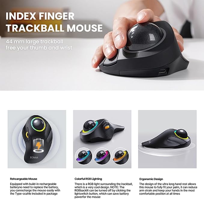 JOMAA Wireless Bluetooth Computer Trackball Mouse with RGB BacklightFinger Control 3 Device Switch Silent Rechargeable Ergonomic Drawing Office Mouse for Laptop Desktop Computer Tablet Phone