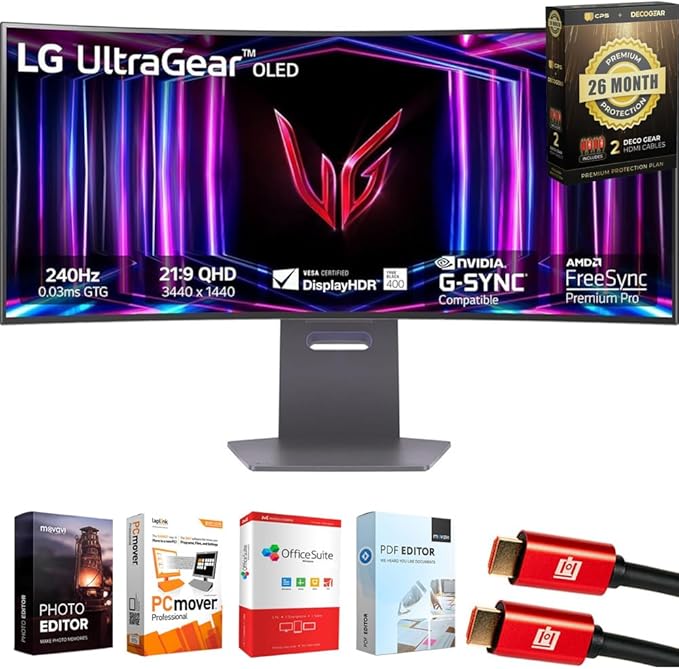 LG 34 inch Ultragear 1440p 240 Hz OLED 800R Curved Gaming Monitor Bundle with Tech Smart USA Elite Suite 18 2X HDMI Cable &amp Deco Gear CPS Exclusive 26 Month Protection Pack (BEACH-CPS-26M1500)