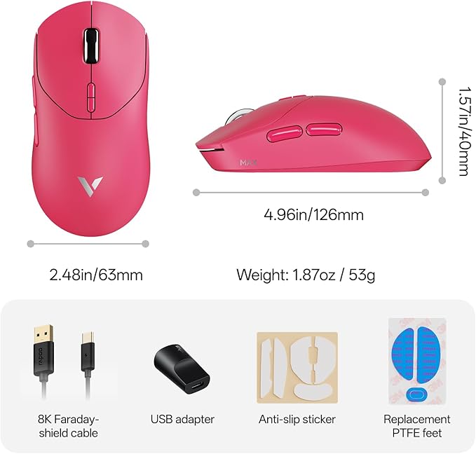 Rapoo VT2 MAX Wireless Gaming Mouse True 8K Wireless Polling Rate 53g Lightweight Up to 750 Hr Battery Nordic nRF54L15 MCU 120-Million Optical Switch 10 Programmable Buttons Macro Enabled