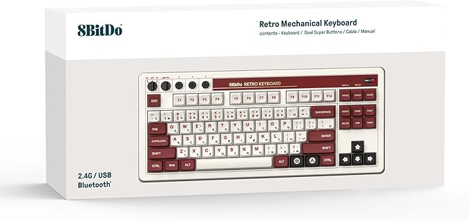 8Bitdo 87 Keys Retro Mechanical Keyboard Bluetooth/2.4G/USB-C Hot Swappable Dual Super Programmable Buttons Volume knob for Windows and Android - Fami Edition